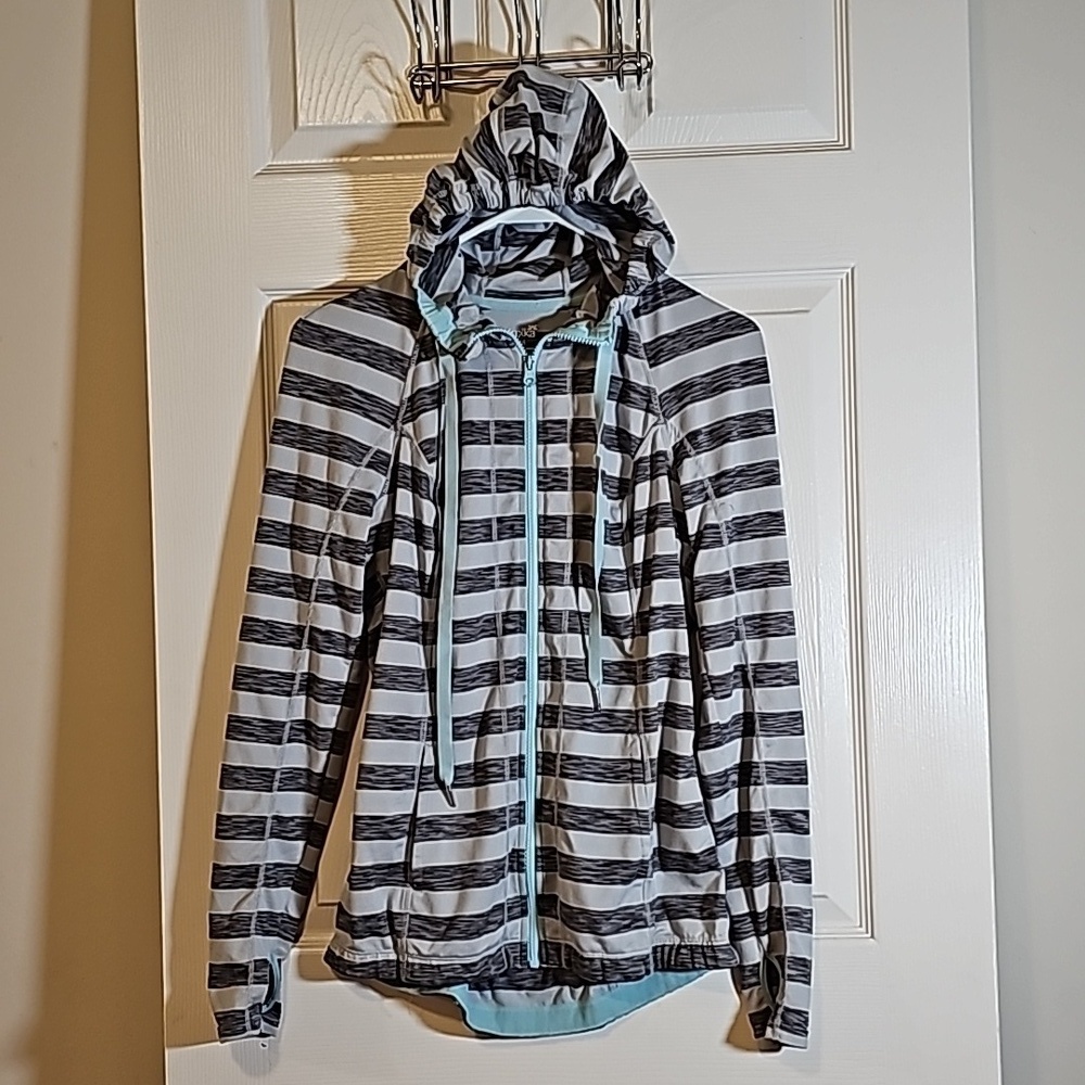 Lukka Grey Striped Full Zip Stretch Active Hoodie Jacket Thumbholes Size M